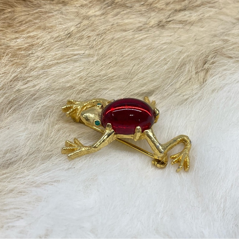 Vintage DeNicola Tree Frog Brooch Pin Jelly Belly Ruby Red ART Glass